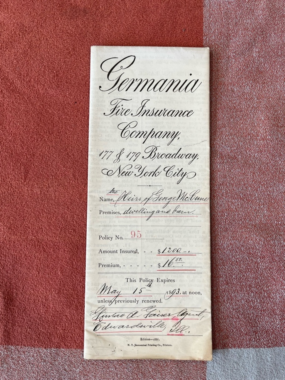 Original 1892 Germania Fire Insurance Policy - Picture 3 of 16